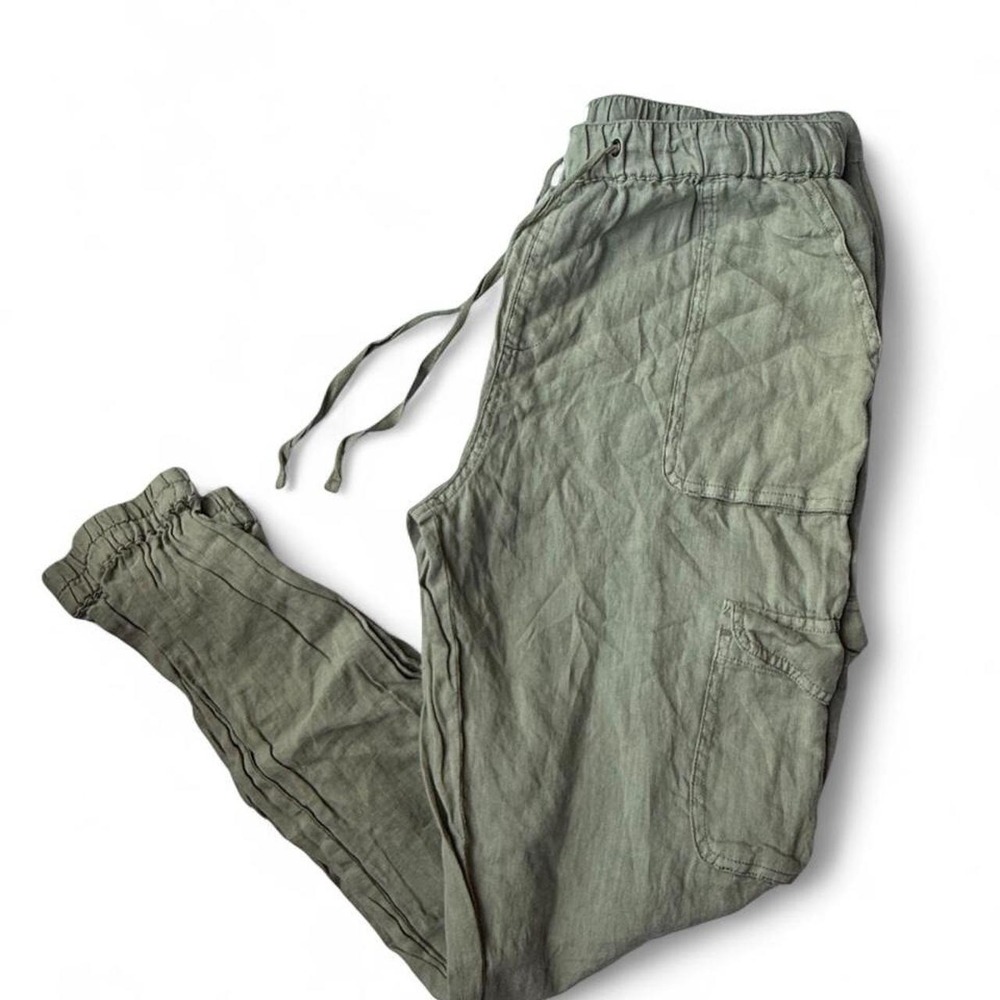 Nicole Miller 100% Linen Cargo Jogger Pants Sage Green Boho Coastal Medium